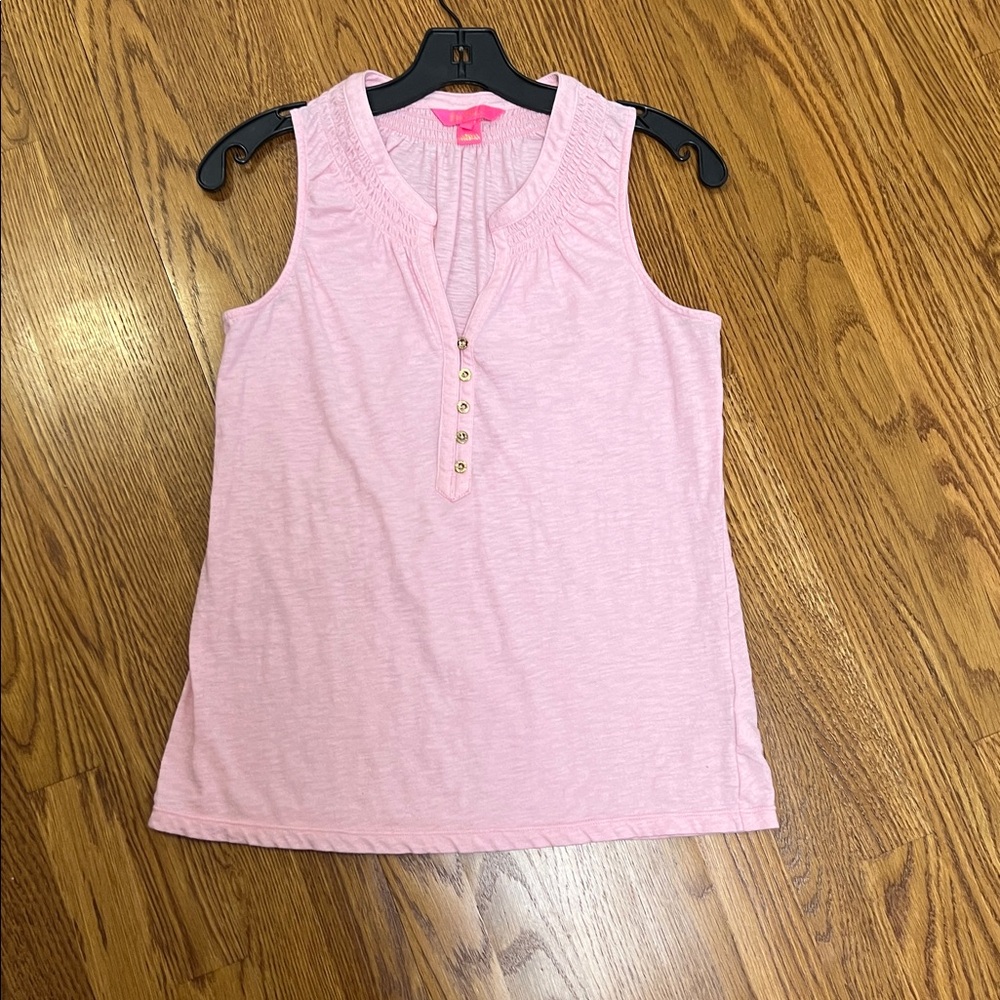 Lilly Pulitzer Essie Tank Top Pale Pink Sleeveless Button Gold Sz Small